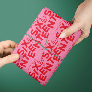 Moderne minimale rode roze typografie 16e verjaard cadeaupapier