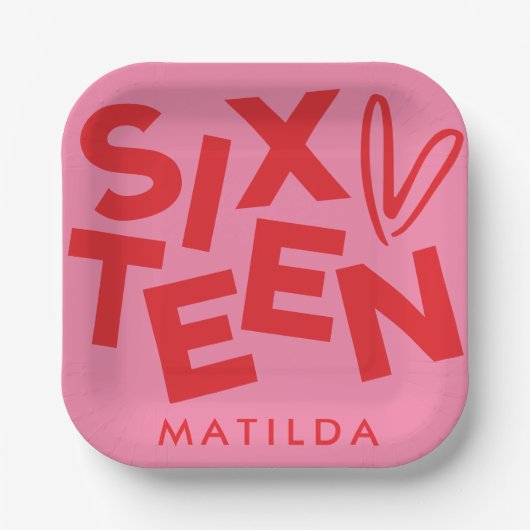 Moderne minimale rode roze typografie 16e verjaard papieren bordje (Voorkant)