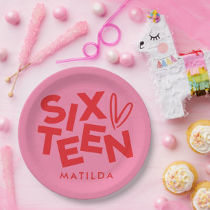 Moderne minimale rode roze typografie 16e verjaard papieren bordje