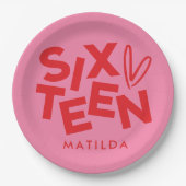 Moderne minimale rode roze typografie 16e verjaard papieren bordje (Voorkant)