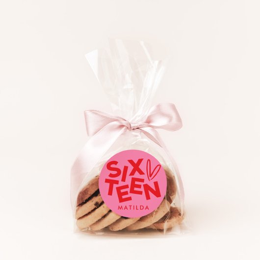 Moderne minimale rode roze typografie 16e verjaard ronde sticker