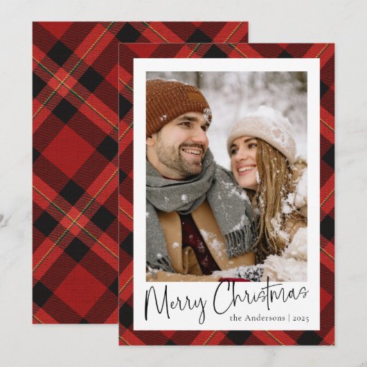 Moderne Minimale Rode Tartan Plaid Foto Kerstmis Feestdagenkaart (Voorkant / Achterkant)