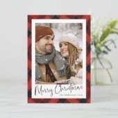 Moderne Minimale Rode Tartan Plaid Foto Kerstmis Feestdagenkaart (Staand voorkant)