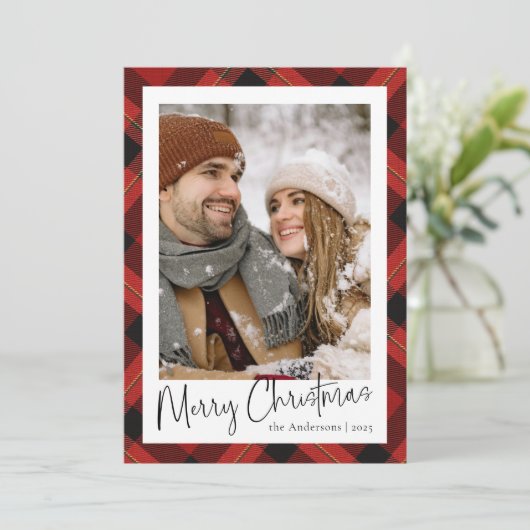 Moderne Minimale Rode Tartan Plaid Foto Kerstmis Feestdagenkaart (Staand voorkant)