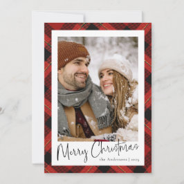Moderne Minimale Rode Tartan Plaid Foto Kerstmis Feestdagenkaart
