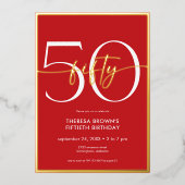 Moderne minimale rode vijftig script verjaardag folie uitnodiging (Voorkant)