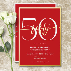Moderne minimale rode vijftig script verjaardag folie uitnodiging