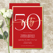 Moderne minimale rode vijftig script verjaardag folie uitnodiging
