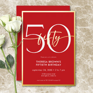 Moderne minimale rode vijftig script verjaardag folie uitnodiging