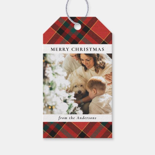 Moderne Minimale Rood & Groen Kerst Familie Foto Cadeaulabel (Voorkant)