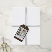 Moderne Minimale Rood & Groen Kerst Familie Foto Cadeaulabel (Met Touw)