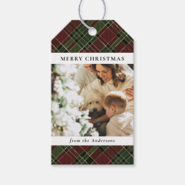 Moderne Minimale Rood & Groen Kerst Familie Foto Cadeaulabel