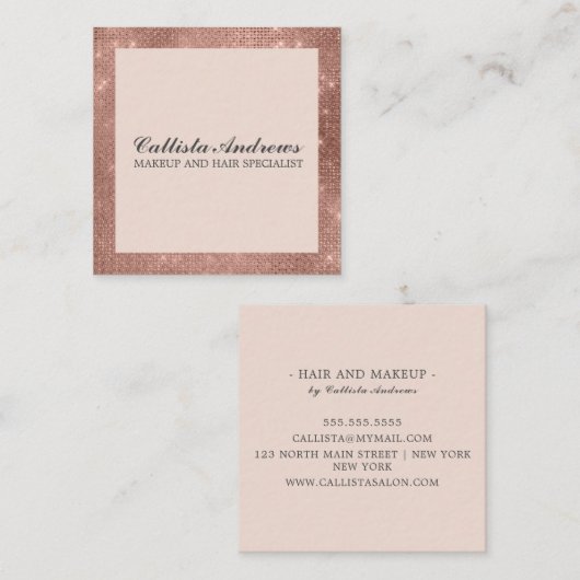 Moderne, minimale Roos Gold Glitter Simple Makeup Vierkante Visitekaartje (Voorkant / Achterkant)