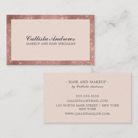 Moderne, minimale Roos Gold Glitter Simple Makeup Visitekaartje (Voorkant / Achterkant)
