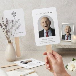 Moderne minimale rouwkaart met foto en gebed handwaaier