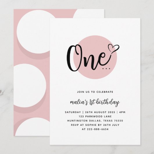 Moderne minimale roze | 1e verjaardag kaart (Voorkant / Achterkant)