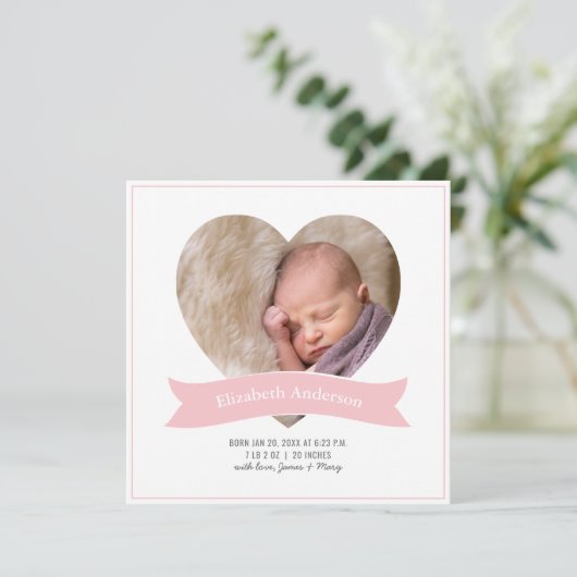 Moderne, minimale roze babymeisje Foto geboorte Aankondiging (Staand voorkant)