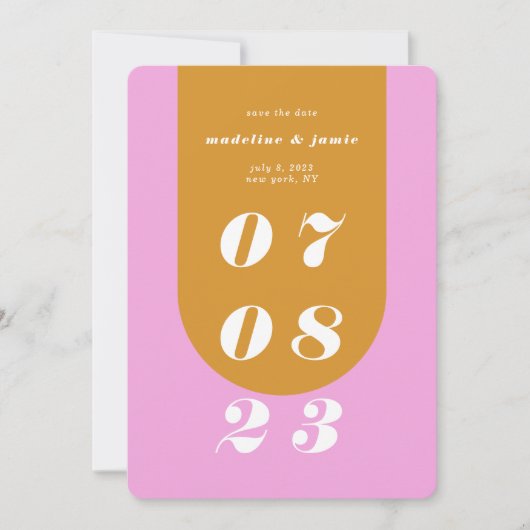 Moderne minimale roze en gele retro-pleisterdatum save the date (Voorkant)