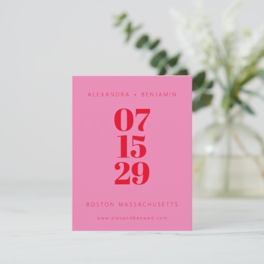 Moderne, minimale roze en rode, volledige foto save the date (Staand voorkant)