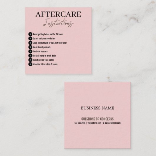 Moderne, minimale roze Eyelashes Aftercare Kaart Vierkante Visitekaartje (Voorkant / Achterkant)