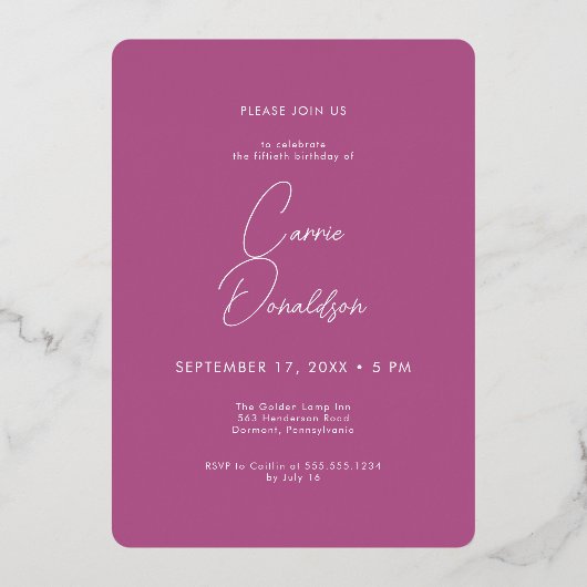 Moderne minimale roze foto 50ste verjaardag folie uitnodiging (Achterkant)