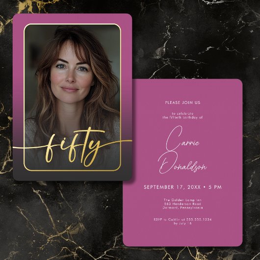 Moderne minimale roze foto 50ste verjaardag folie uitnodiging