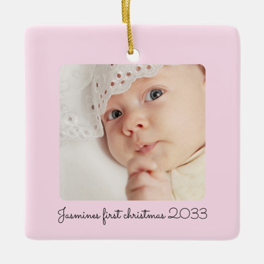 Moderne minimale roze foto baby's eerste kerst keramisch ornament (Voorkant)