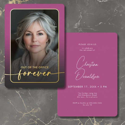 Moderne minimale roze foto pensioen partij folie uitnodiging
