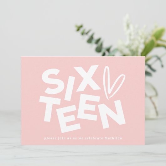 Moderne minimale roze girly typografie 16e verjaar kaart (Staand voorkant)
