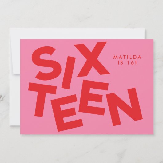 Moderne minimale roze + rode typografie 16e verjaa kaart (Voorkant)