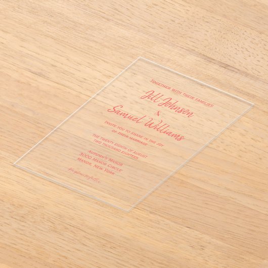 Moderne minimale roze script bruiloft acryl uitnodigingen (Laagn)