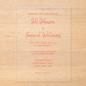 Moderne minimale roze script bruiloft acryl uitnodigingen (Voorkant)