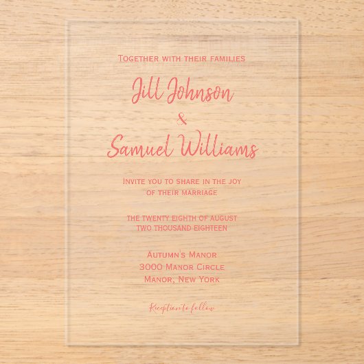 Moderne minimale roze script bruiloft acryl uitnodigingen (Voorkant)