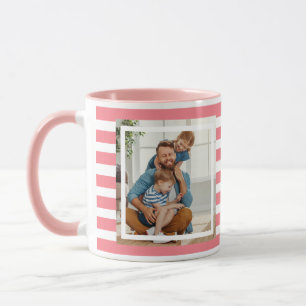 Moderne minimale roze & witte strepen 2 foto mok