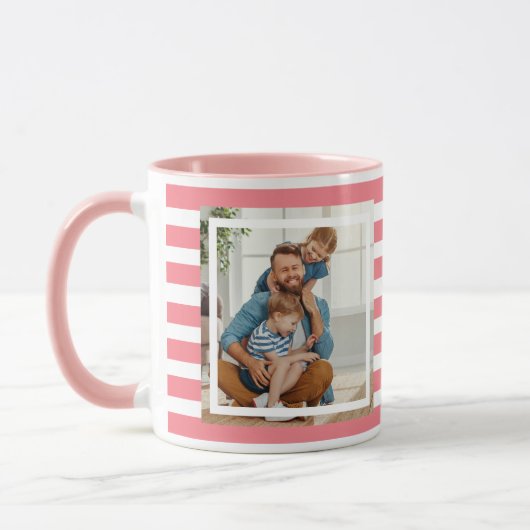 Moderne minimale roze & witte strepen 2 foto mok (Links)