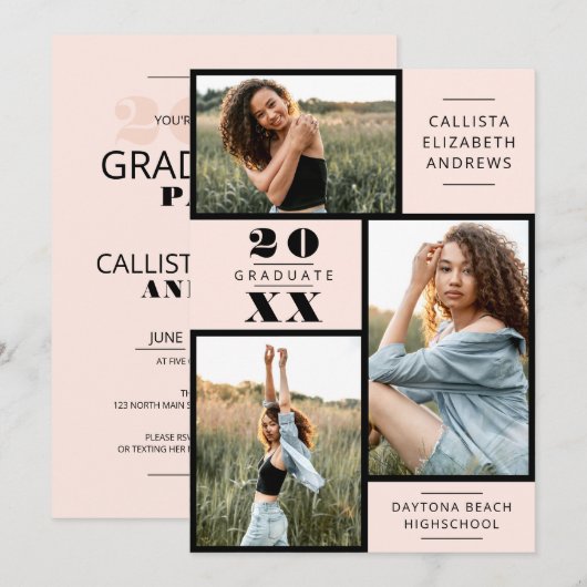 Moderne minimale roze zwarte foto-raster in kaart (Voorkant / Achterkant)