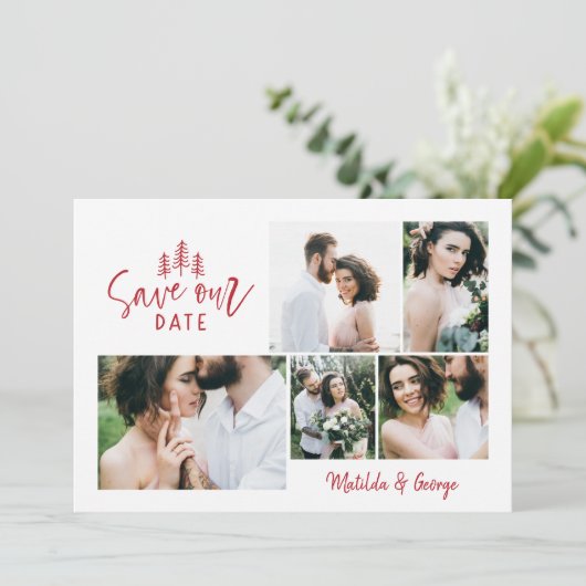moderne minimale rustieke multi foto bruiloft save the date (Staand voorkant)