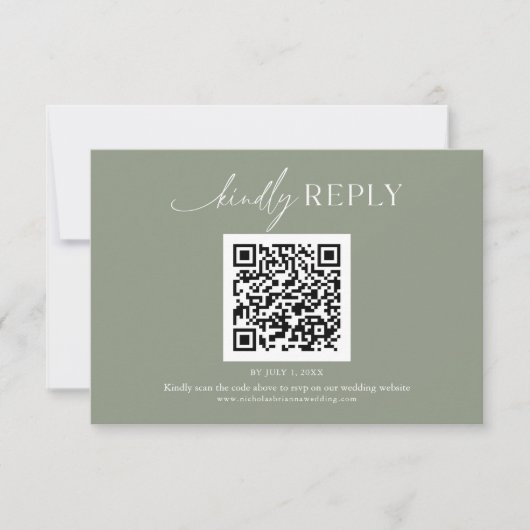 Moderne Minimale Sage Groene Boho Bruiloft QR Code RSVP Kaartje (Voorkant)
