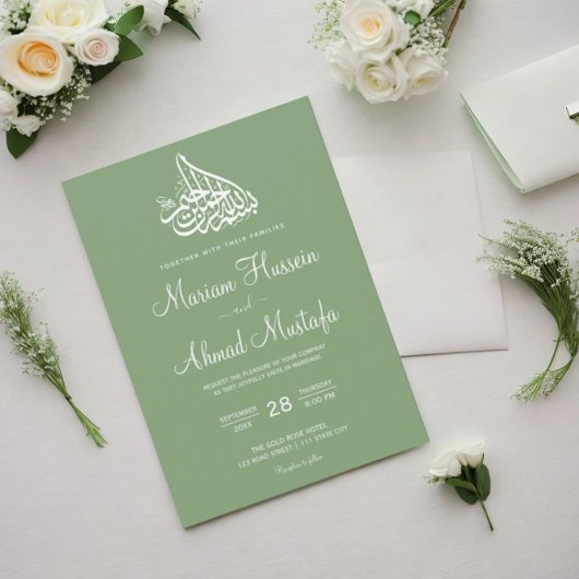 Moderne Minimale Sage Groene Islamitische Nikah Br Kaart