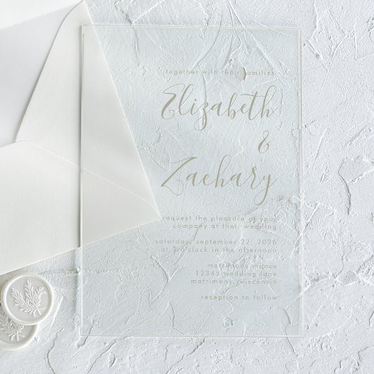 Moderne Minimale Sage Groene Script Bruiloft Acryl Uitnodigingen