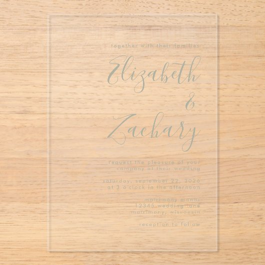 Moderne Minimale Sage Groene Script Bruiloft Acryl Uitnodigingen (Voorkant)