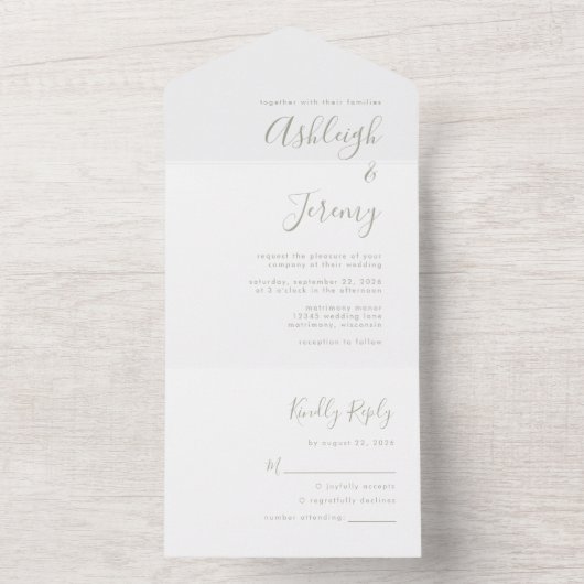 Moderne Minimale Sage Groene Script Bruiloft All In One Uitnodiging (Binnen)