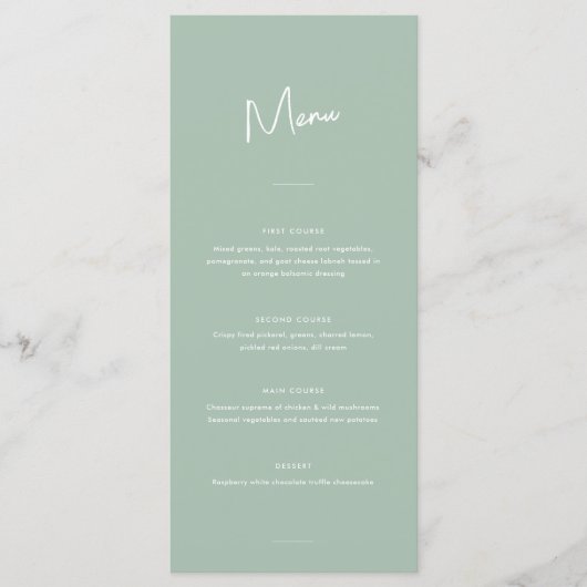 Moderne Minimale Sage Groene Script Bruiloft Menu (Voorkant)