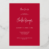 Moderne minimale Scarlet Red Pensioen Partij Folie Uitnodiging (Achterkant)