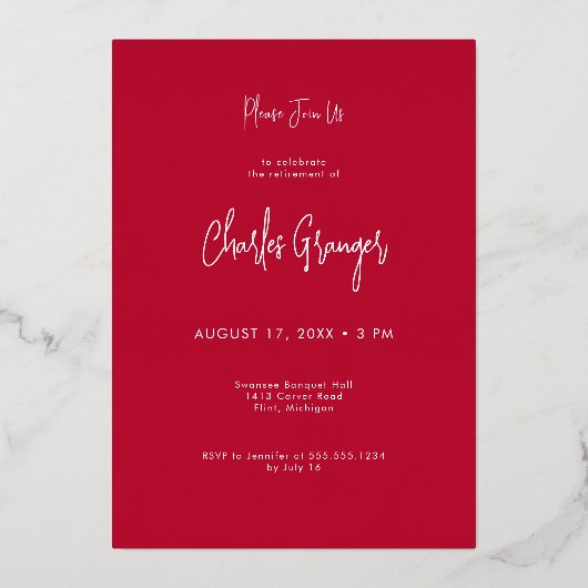 Moderne minimale Scarlet Red Pensioen Partij Folie Uitnodiging (Achterkant)
