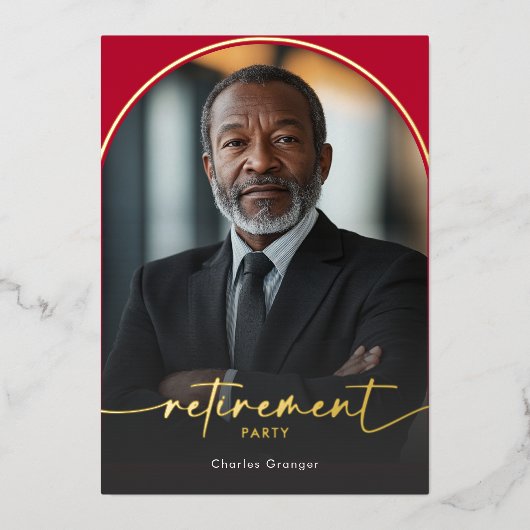 Moderne minimale Scarlet Red Pensioen Partij Folie Uitnodiging (Voorkant)