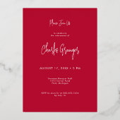 Moderne minimale Scarlet Red Pensioen Partij Folie Uitnodiging (Achterkant)