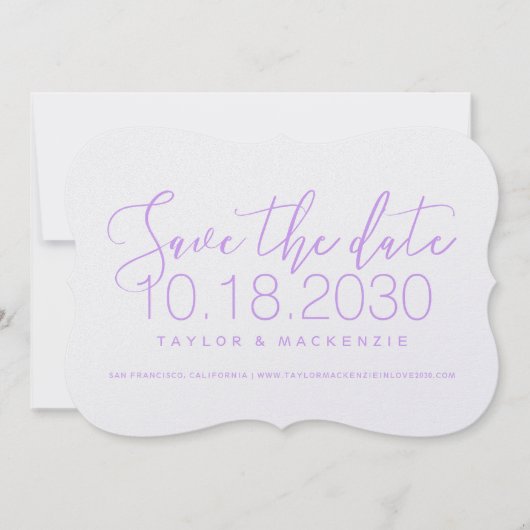 Moderne minimale script bracket lila Save the Date (Voorkant)