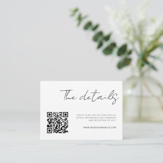 Moderne Minimale Script Details QR Code Informatiekaartje (Staand voorkant)