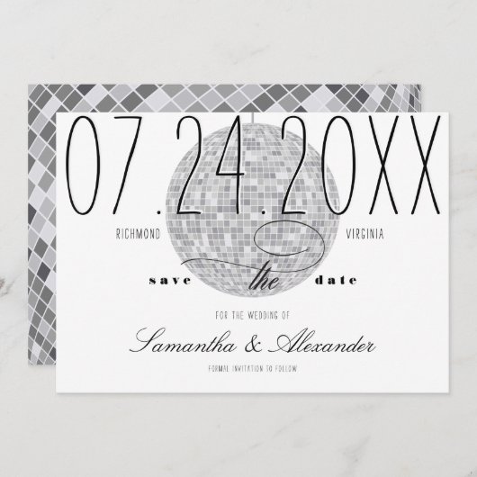 Moderne Minimale Script Disco Bal Oude Geld Trouwd Save The Date (Voorkant / Achterkant)